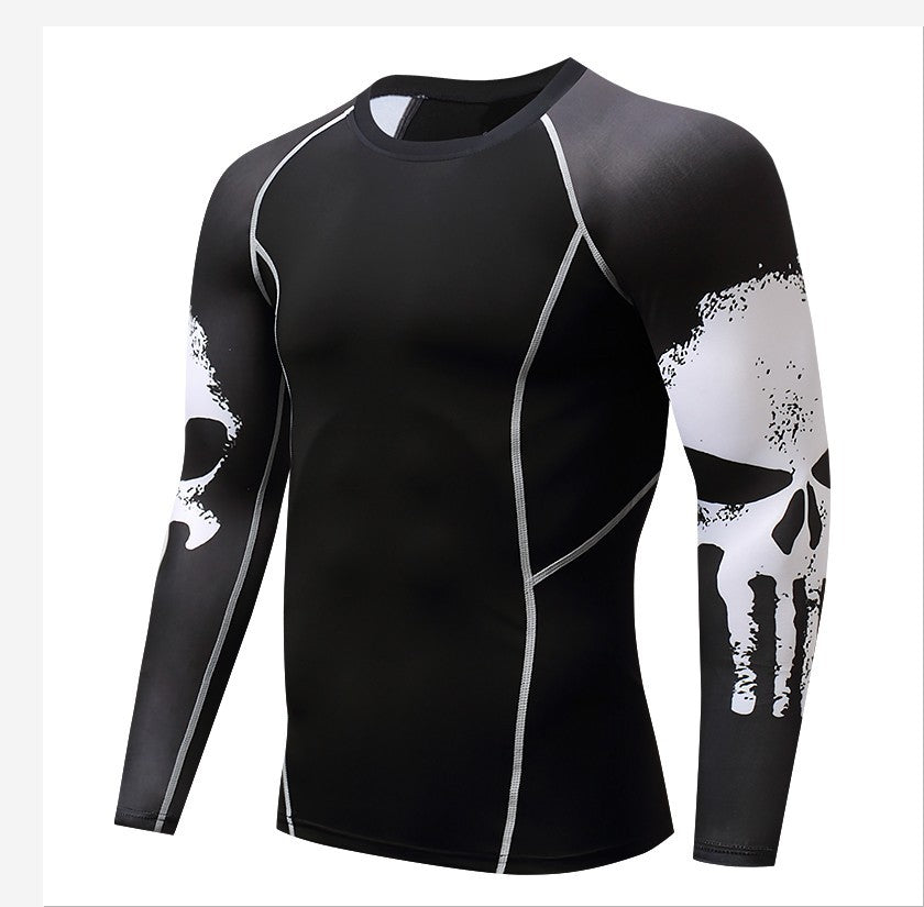 Skull Print Long Sleeve Men's Workout Clothes Stretch Quick Drying Clothes Basketball Riding Running Suit Round Neck Tight T-shirt